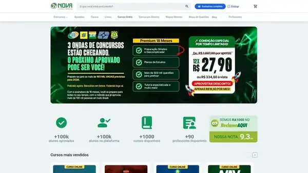 Captura de tela do site Site Nova Concursos (novaconcursos.com.br) - projeto de Consultoria de SEO da WRG