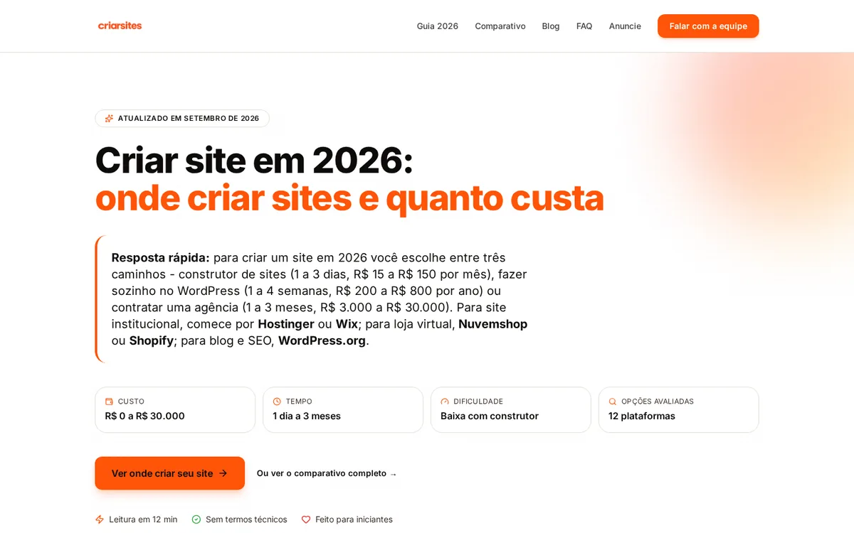 Captura de tela do site CriarSites.com (wrg.com.br/case-criarsites) - projeto de Criação de Site da WRG