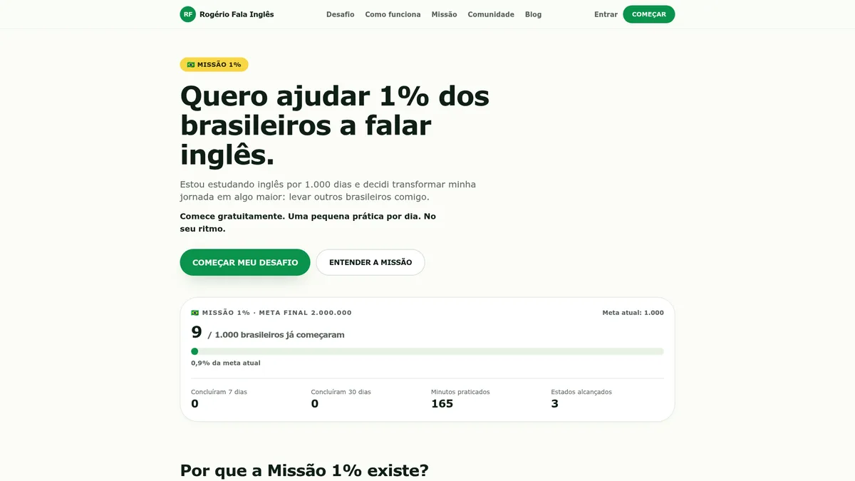 Captura de tela do site Rogério Fala Inglês - Missão 1% (wrg.com.br/case-site-rogerio-fala-ingles) - projeto de Criação de Site da WRG